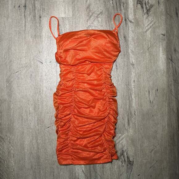 iris Dresses & Skirts - IRIS Orange Ruched Bodycon‎ Mini Dress Mesh Glitter Size S Going Out Party